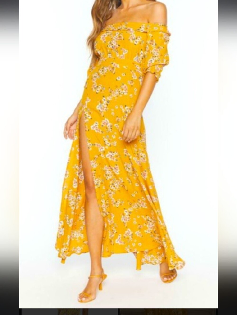 Flynn Skye Yellow Floral Off-Shoulder Maxi Dress with Side Slit